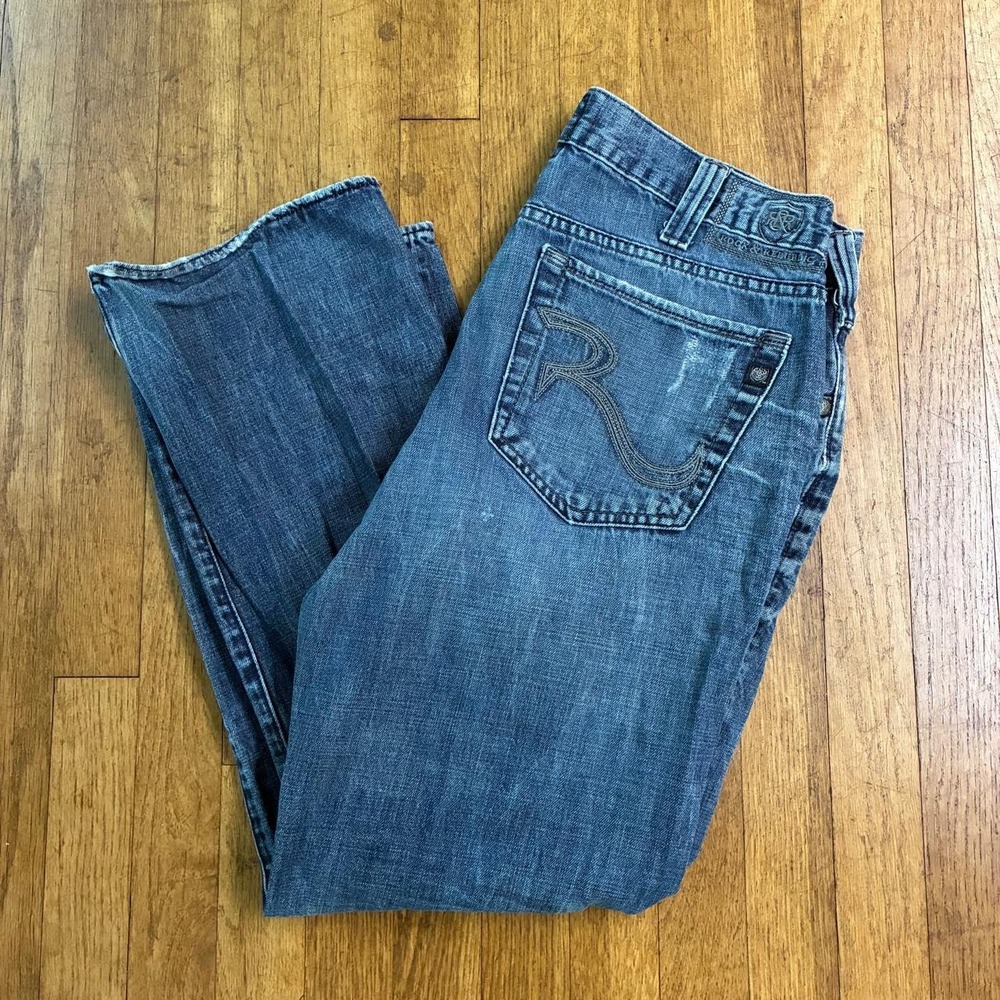 Rock & Republic Vintage Distressed Bootcut Flare Jeans Y2K Blue Mens 35x31